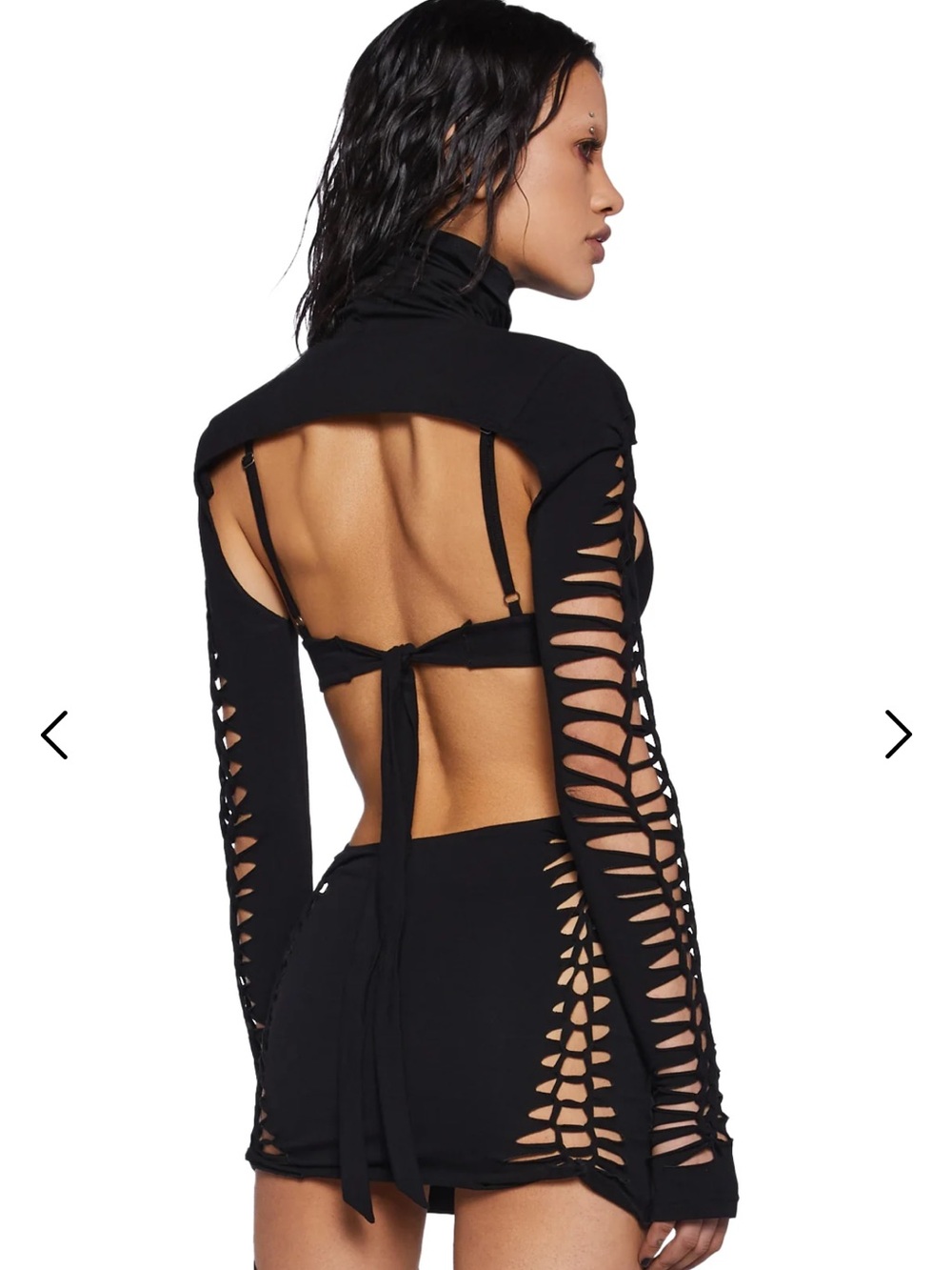 Dolls Kill Darker Waves Shredded Black Cutout Lace-up Bodycon Rave Mini Dress - Picture 3 of 15